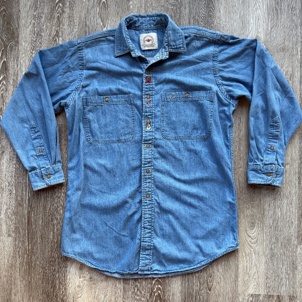 Vintage Christmas Embroidered Denim Button-Up Shirt